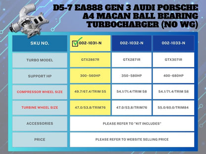 GTX2867R D5-7 EA888 GEN 3 AUDI A4/A5/A6/A7/Q5 Ball Bearing Turbocharger (No WG)