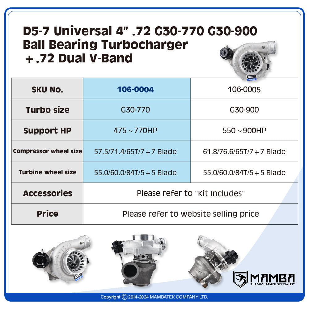 G30-770 D5-7 4" Ball Bearing Turbocharger + .72 Dual V-Band